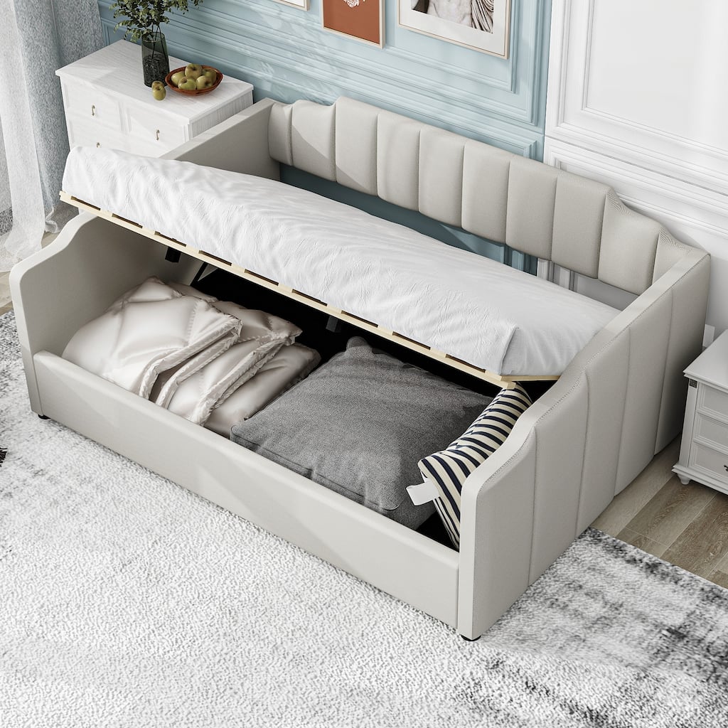 Full Size Upholstered Daybed with Underneath Storage in Beige