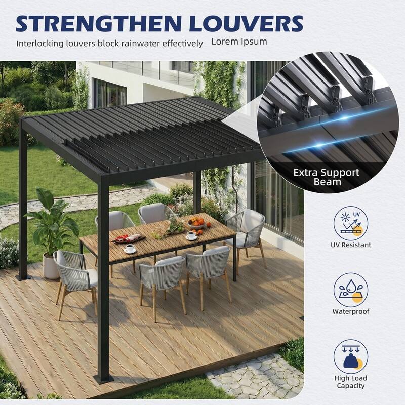 EROMMY Outdoor Louvered Pergola with Adjustable Aluminum Roof – Rainproof Gazebo for Patio & Garden