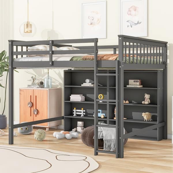 slide 2 of 28, Loft Bed with 8 Storage Shelves and Built-in Ladder Full - Grey