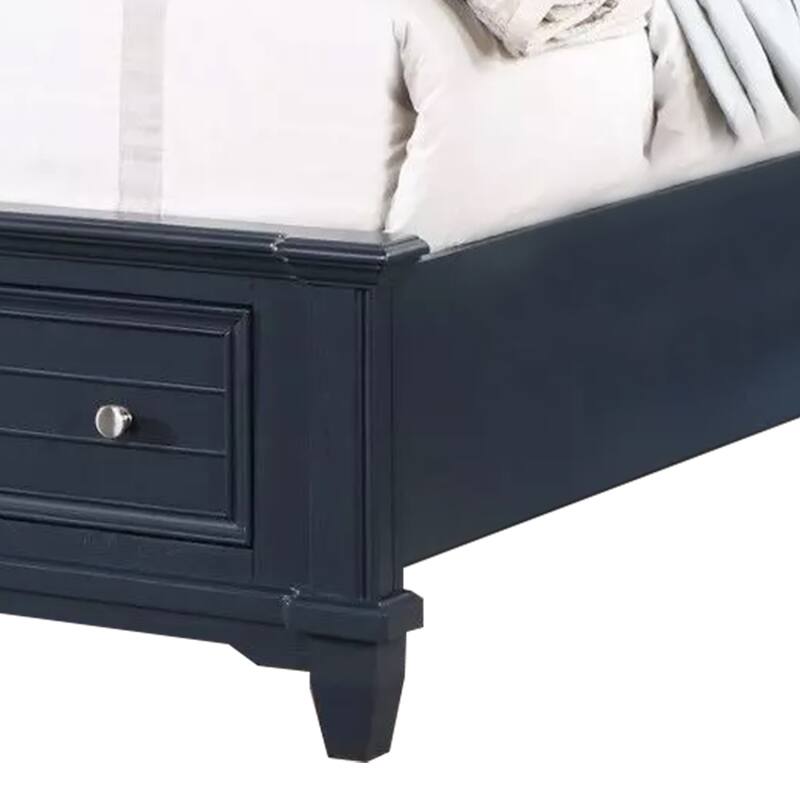 Zeny Queen Bed with Storage Drawers, Panel Headboard, Blue Wood