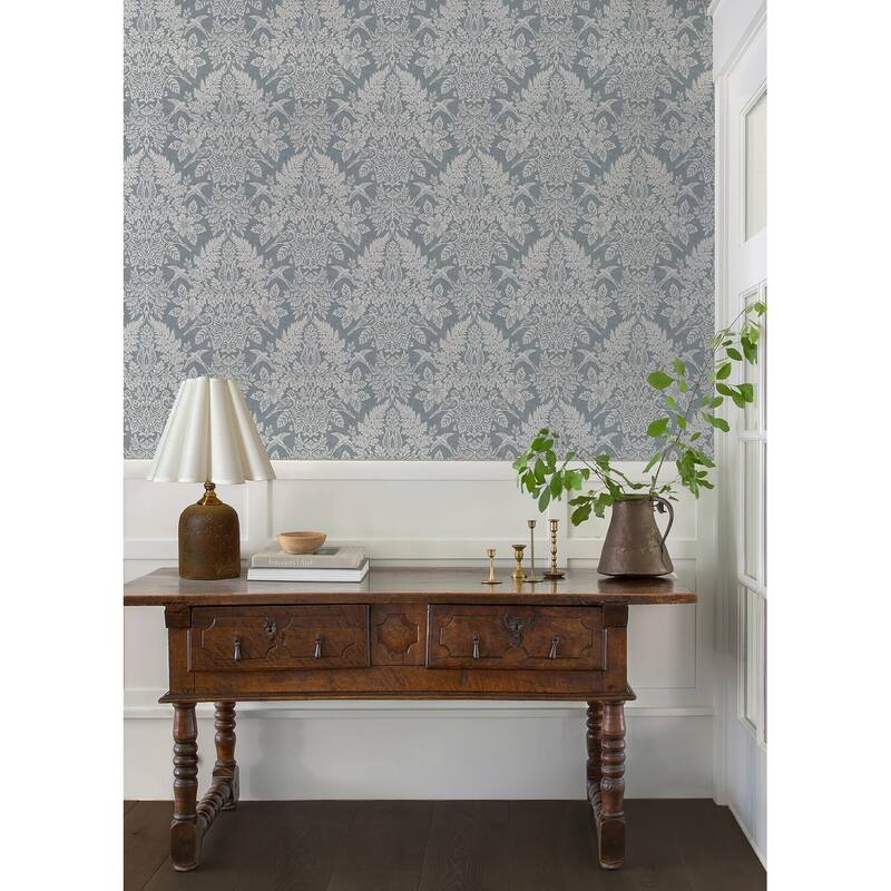 Chris Loves Julia x A-Street Prints Finch Light Blue Woodland Damask Wallpaper