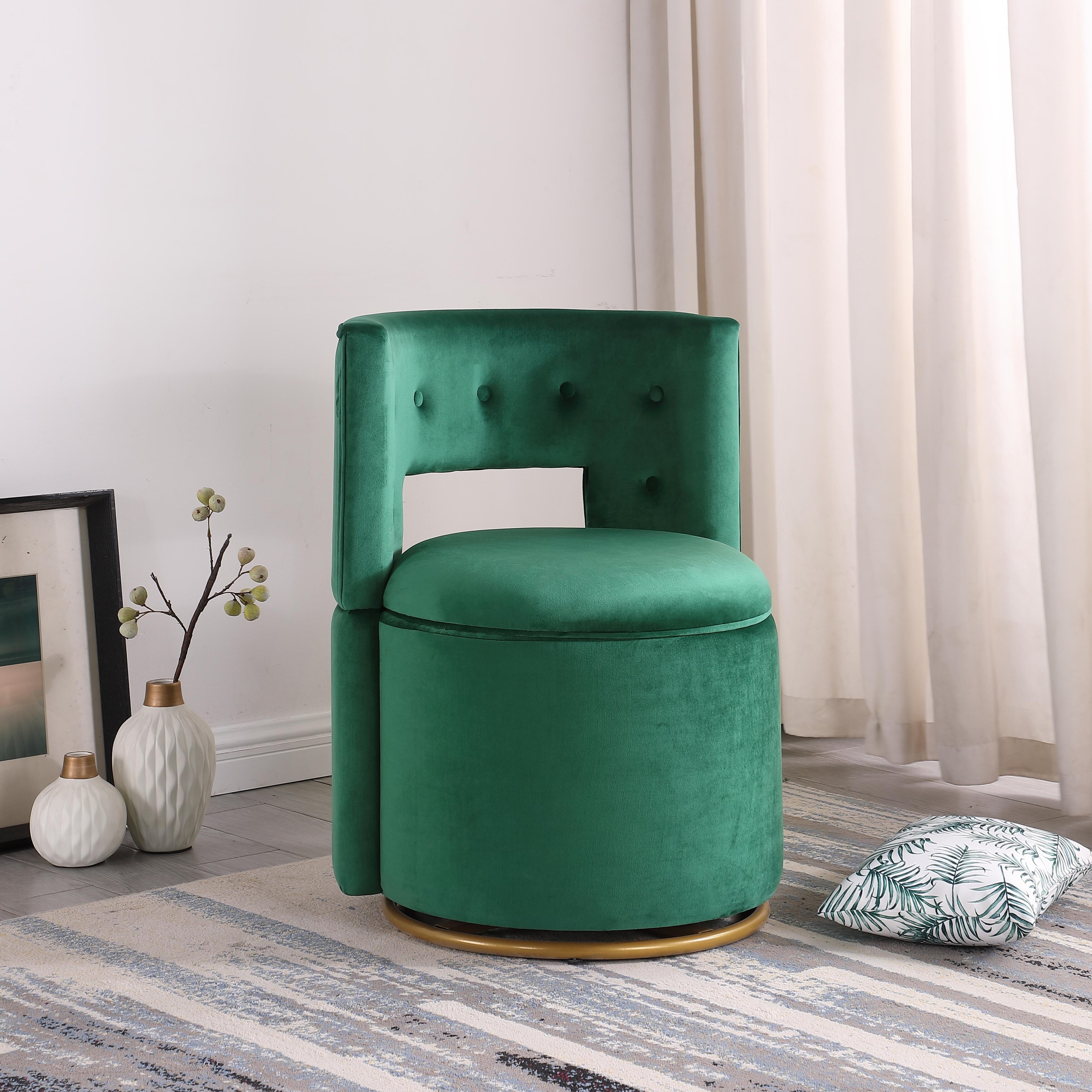 Green Velvet Swivel Accent Chair with Storage Function with Gold Metal Base  for Living Room