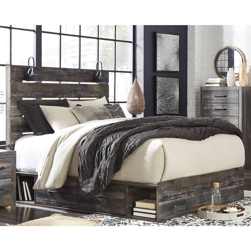 Drystan Rustic Brown Panel Bed with 2 Under Bed Storage Drawers