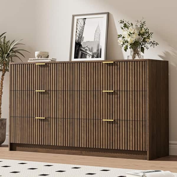 dresser wayfair Walnut Fluted Modern Dresser, Wide Chest of Drawers Storage Cabinet with Gold Handles for Bedroom Living Room Entryway Matching bed GDFStudio - Emmy 6 Drawer
