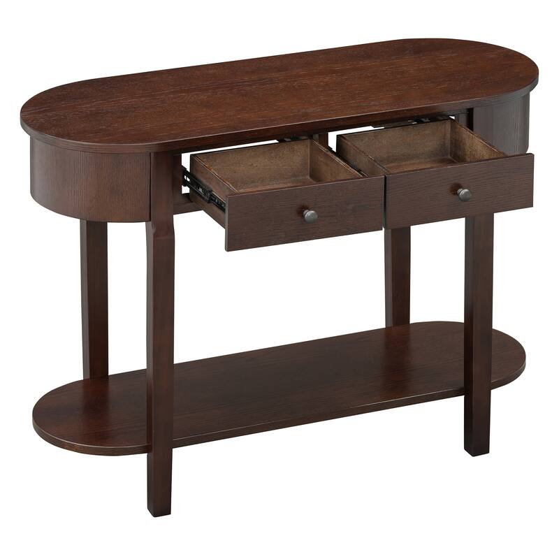 Curved Console Table with 2 Storage Drawers and Metal Handles, Wooden Hallway Tables Entryway Table wOpen Storage Shelf