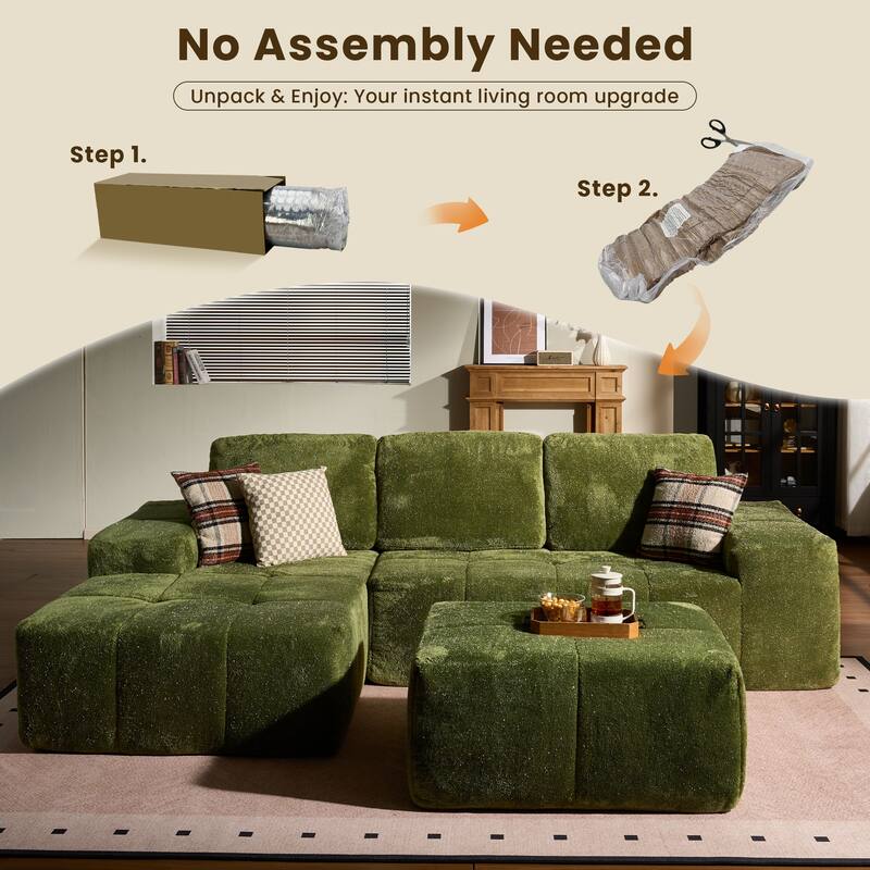 HOOOWOOO Modern Sparkly Velvet Fabric Chaise Sofa Couch with Ottoman