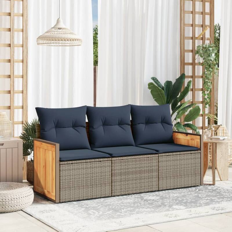vidaXL 3/4 Piece Patio Sofa Set with Cushions Black/Gray Poly Rattan - 21.7 x 24.4 x 27.2 - Gray Without table