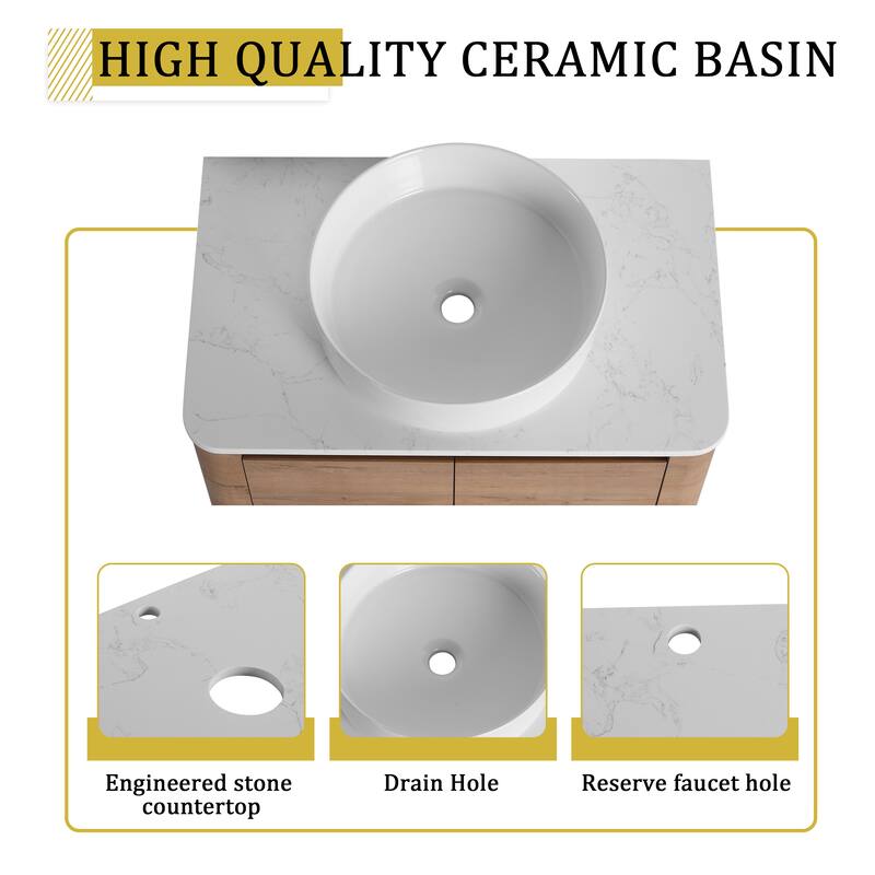 30'' Wall-Mounted Bathroom Vanity With Ceramic Art Sink & 2-Soft-Close Door, KD-Packing, Plywood