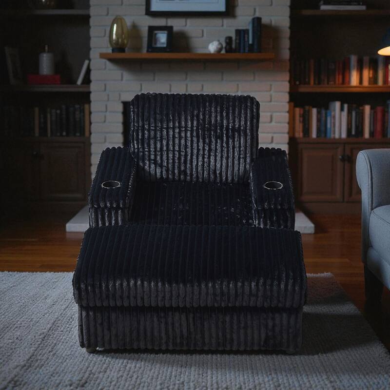 42.5" Corduroy Single Recliner Chair with Cup Holder, Storage Footrest, Armrest Storage and Backrest Pillow - Black