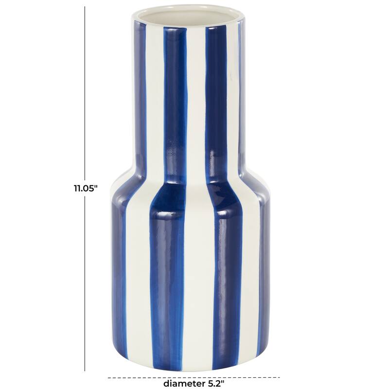 White Ceramic Round Decorative Vase with Blue or Black Vertical Stripes