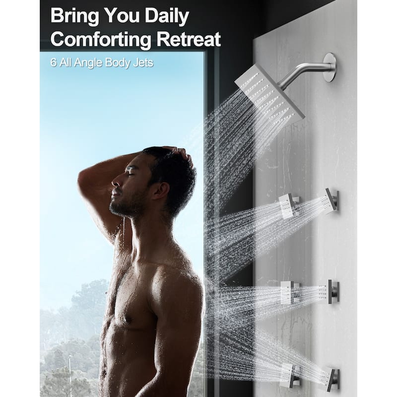 GRANDJOY Shower System Dual Shower Heads 16" and 6" Wall Mounted High Pressure Handheld Spray 6 Body Jets Thermostatic