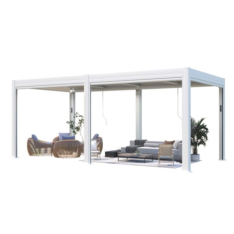 EROMMY Outdoor Louvered Pergola Gazebo with Adjustable Aluminum Rainproof Roof and Pull-Down Screen