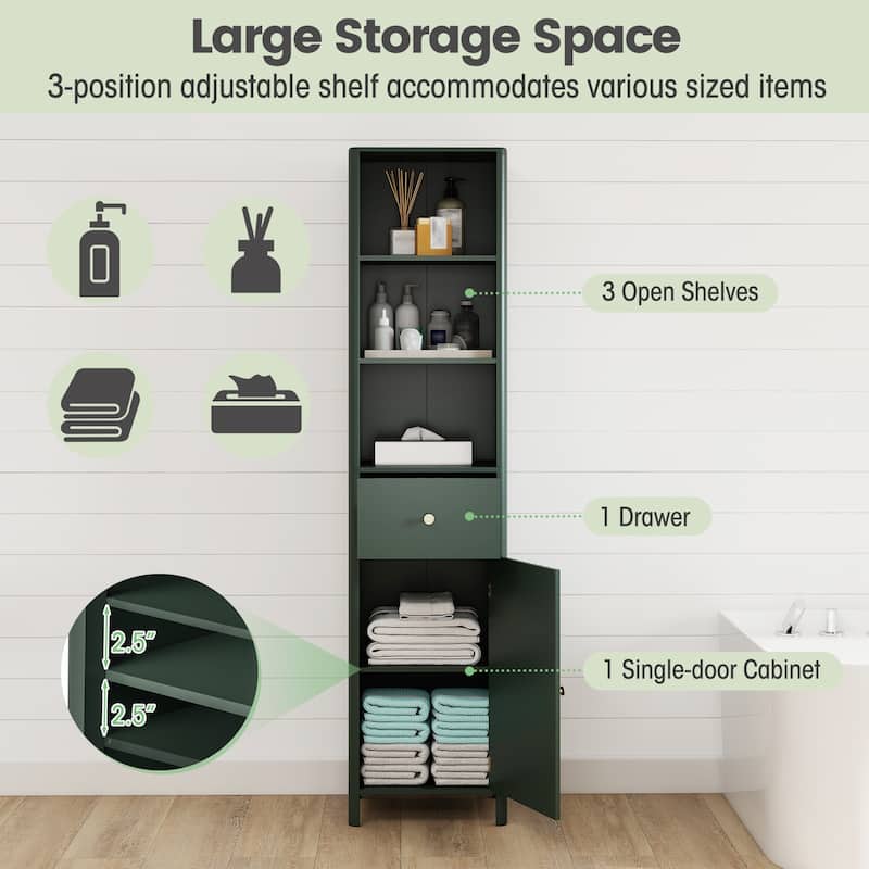 Modern Tall Bathroom Storage Cabinet with Drawer Adjustable Shelves and Wave Fluted Door Green - 16" x 12" x 67"