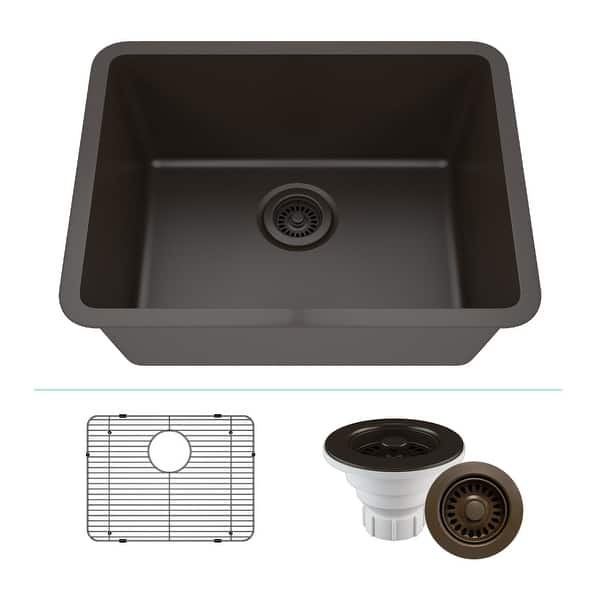 slide 2 of 8, Lexicon Undermount Quartz 23 Inch Single Bowl Kitchen Sink Kit Galaxy Mocha