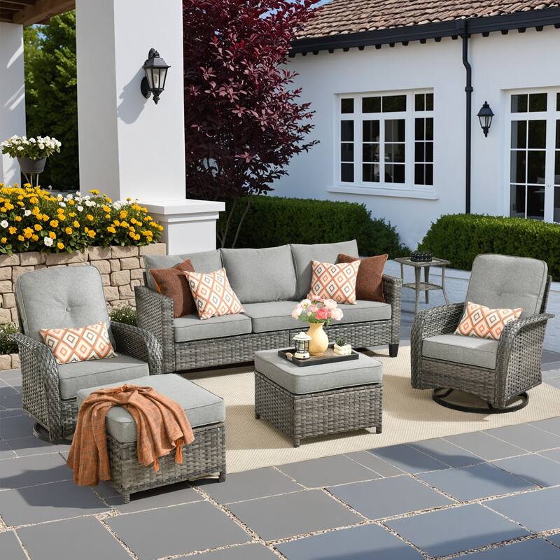 HOOOWOOO 6-piece Grey Wicker Outdoor Swivel Rocking Chair Set for Patio - Dark Grey