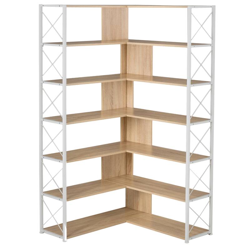 Industrial 7-Tier L-Shaped Corner Bookcase Home Office Bookshelf