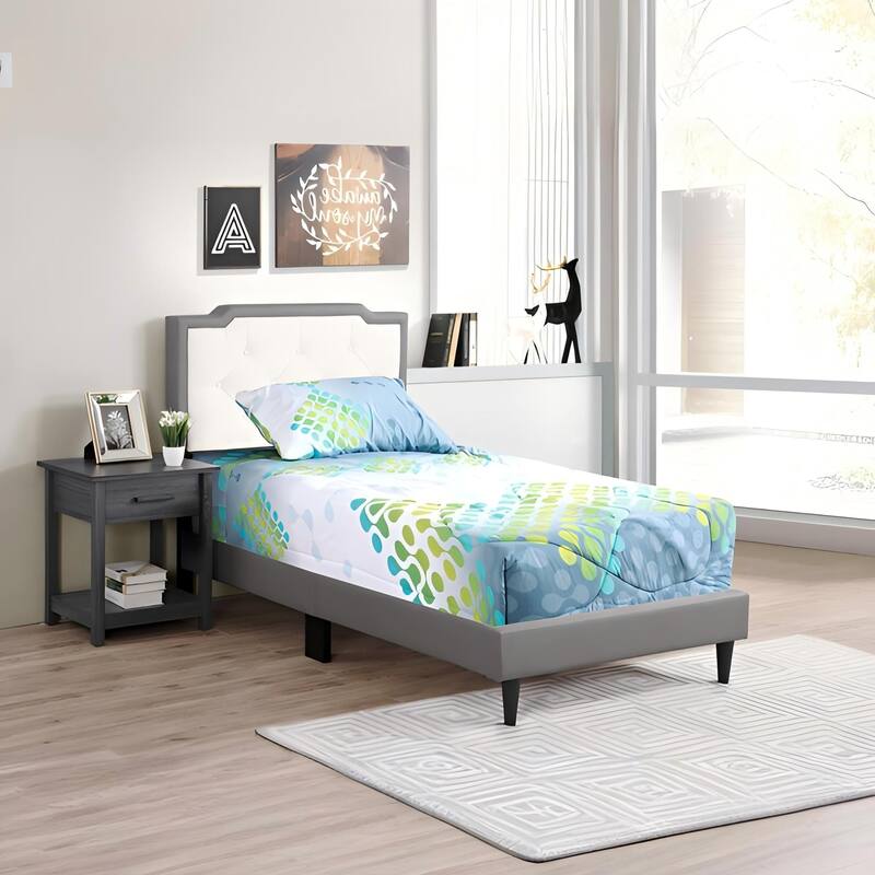 Twin Size PU Elegant Platform Bed with Foam Support - LIGHT GREY1