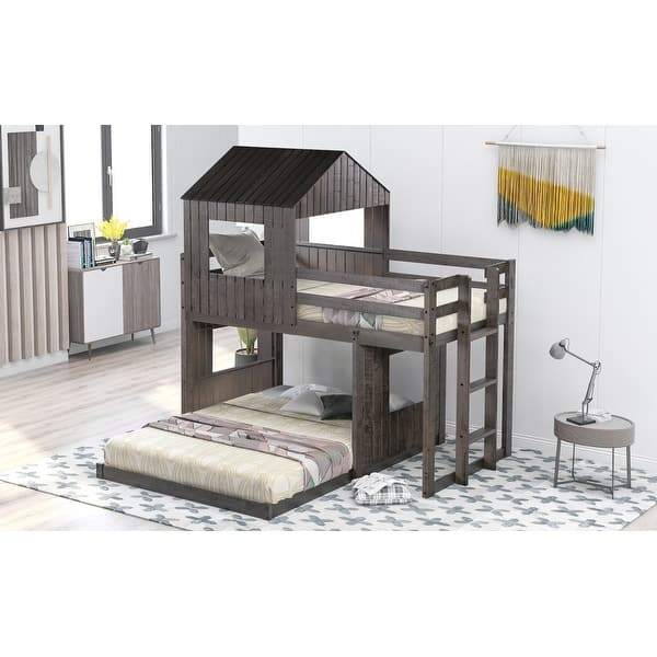 slide 2 of 17, Treehouse Style Twin over Full Bunk Bed, Solid Wood Loft Bed with Playhouse, Ladder & Guardrail, Kids' Bedroom Furniture Antique Grey