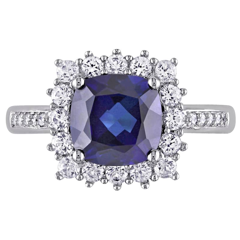 Miadora Sterling Silver Cushion-cut Created Blue and White Sapphire with Diamond Accents Square Halo Engagement Ring