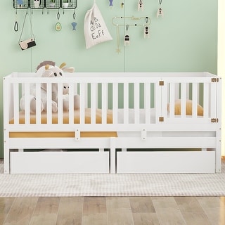 Wood Cribs Convertible Toddler Bed with Fence Guardrails and 2 Drawers Split into Independent Floor Bed and Daybed Slat Support