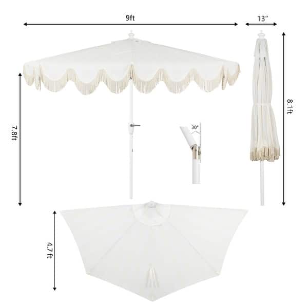 dimension image slide 10 of 12, 9ft Half Market Umbrella, Scalloped, Crank, Tilt, UV, by JONATHAN Y