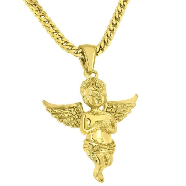 Mens Designer Angel Necklace 18K Gold Tone Guardian Angel Gods Free Stainless Steel Franco Chain