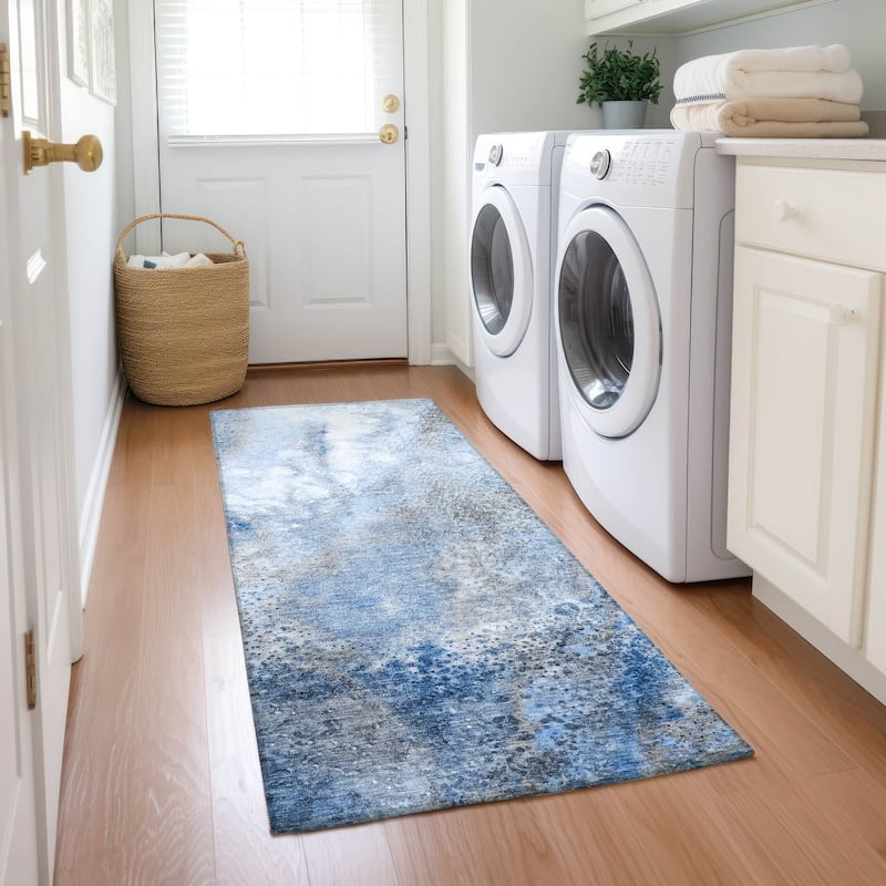 Machine Washable Indoor/ Outdoor Abstract Watercolor Chantille Rug - Navy - 2'3" x 7'6"