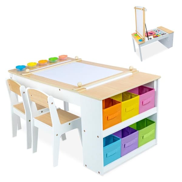 slide 2 of 8, Milliard 2-in-1 Kids Art Table, Easel Table and Chair Set, Toddler Craft and Play Wood Activity Center, Storage Bins, Paper Roll