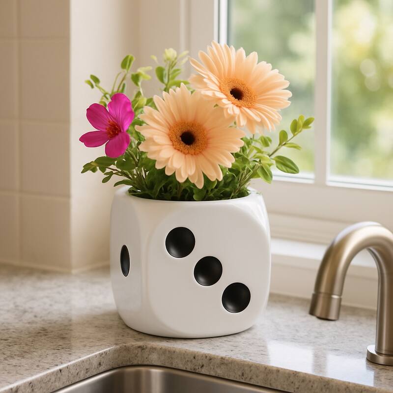 Decorative Ceramic Dice Planter - 6", White & Black - 6.0"