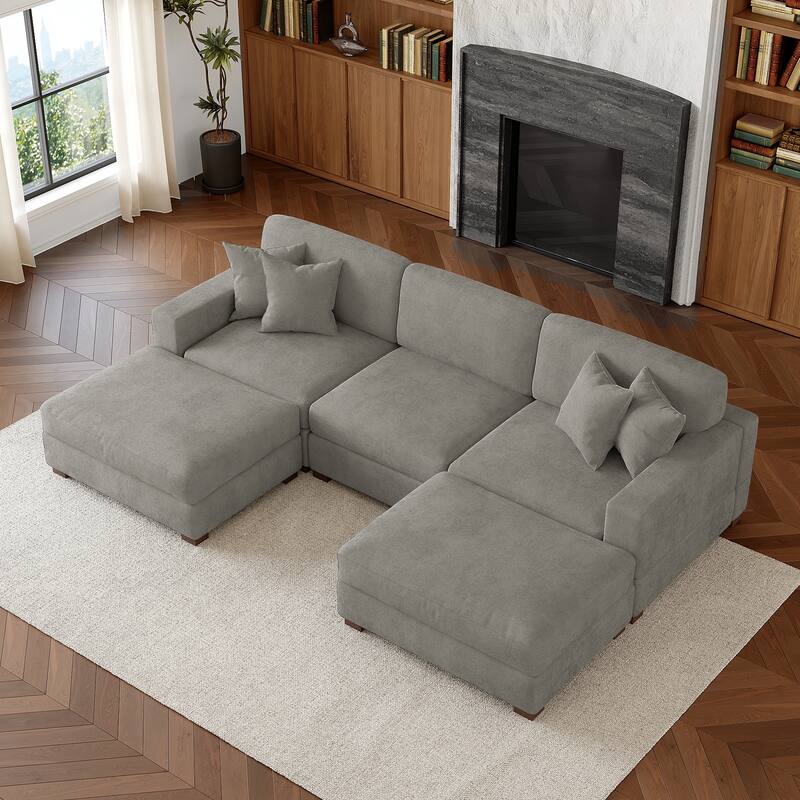 Oversized Chenille Modular Sectional Sofa Conversation Set with 2 Ottomans - Grey/5 Piece