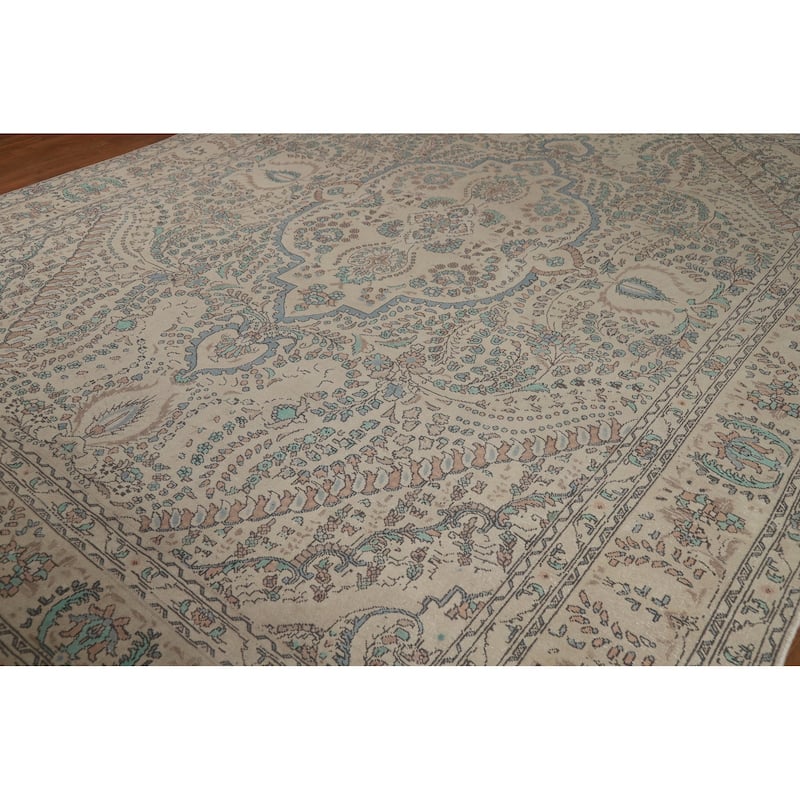 Traditional Beige Tabriz Persian Area Rug Handmade Wool Carpet - 10'3"x 12'8"