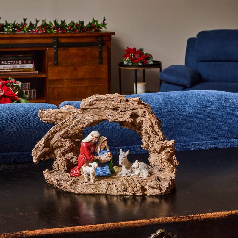 11" Resin Holy Family And Animals With Rock Cresh
