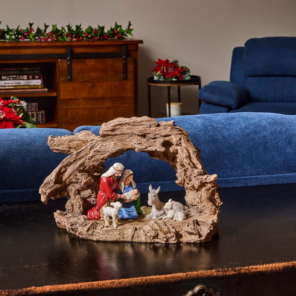 11" Resin Holy Family And Animals With Rock Cresh