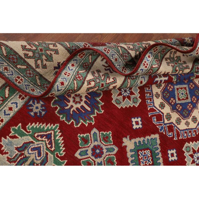 Red Geometric Kazak Oriental Area Rug Hand-Knotted Wool Carpet - 5'8" x 8'4"