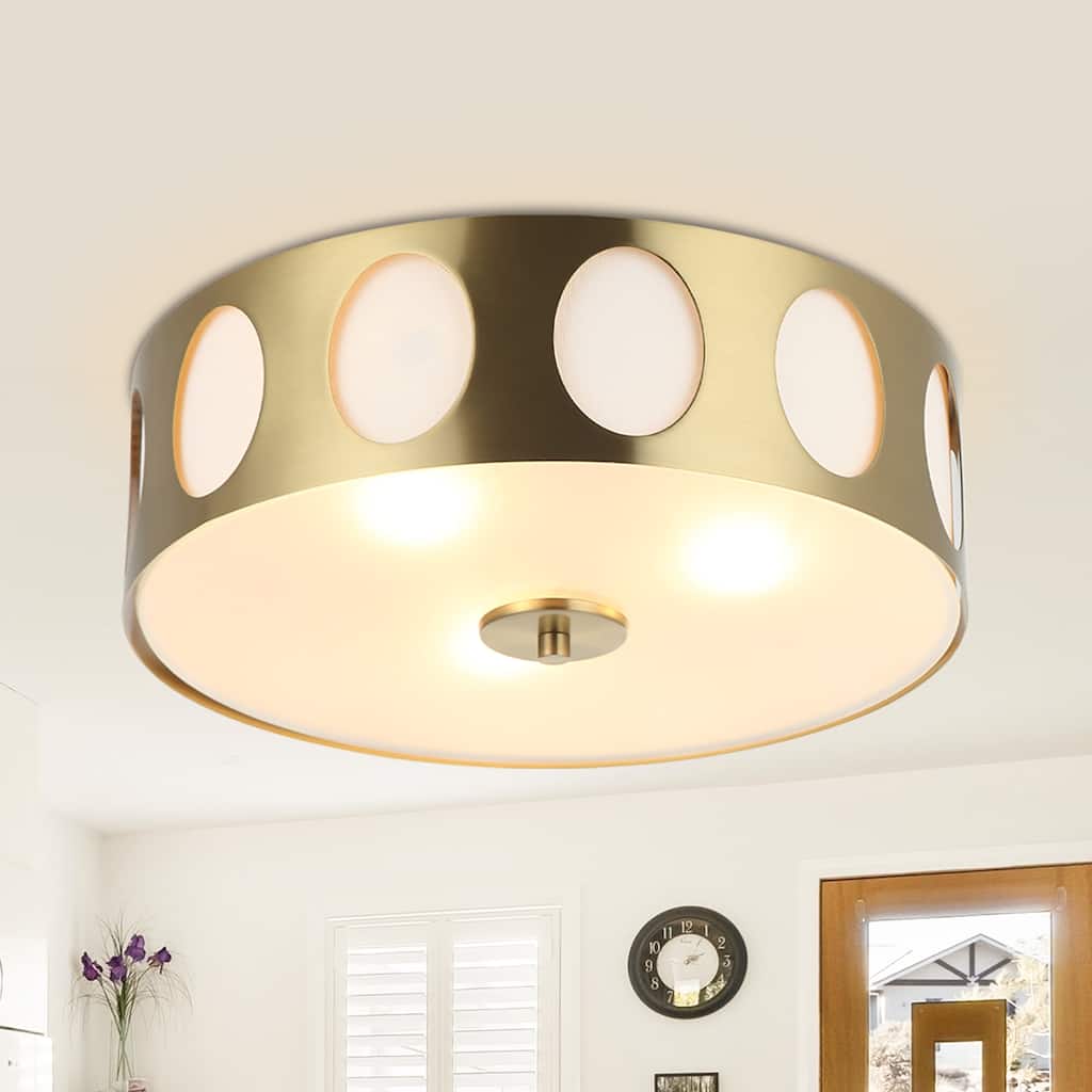 Modern 3-light Hollowed Metal Gold Drum Flush Mount Ceiling Light - 13.8" W x 4.7" H