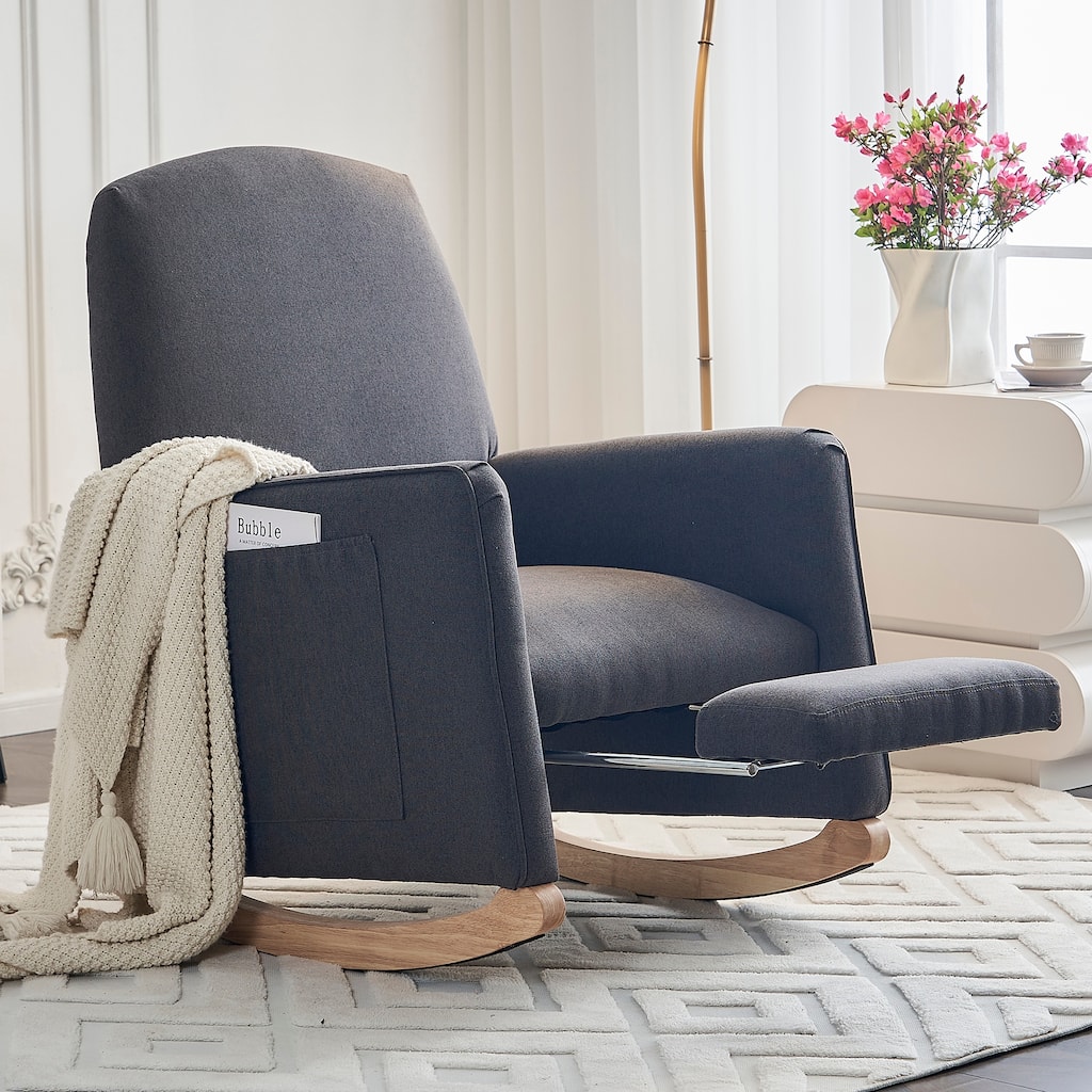 Cotton Linen Fabric Nursery Rocking Chair With Adjustable Footrest