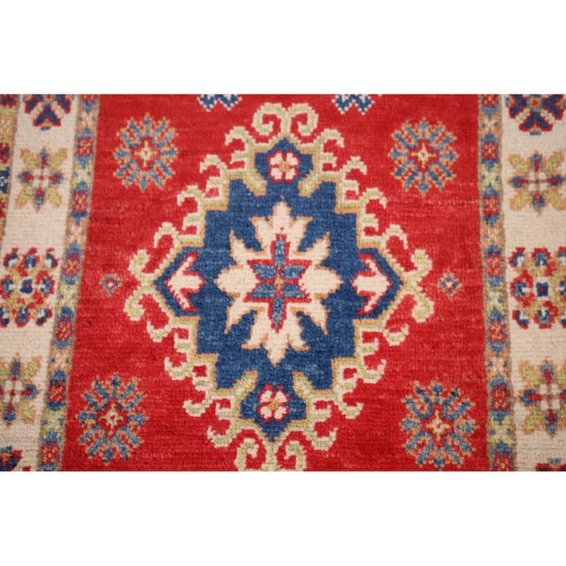 Red Geometric Kazak Foyer Rug Hand-Knotted Wool Carpet - 1'11" x 3'2"
