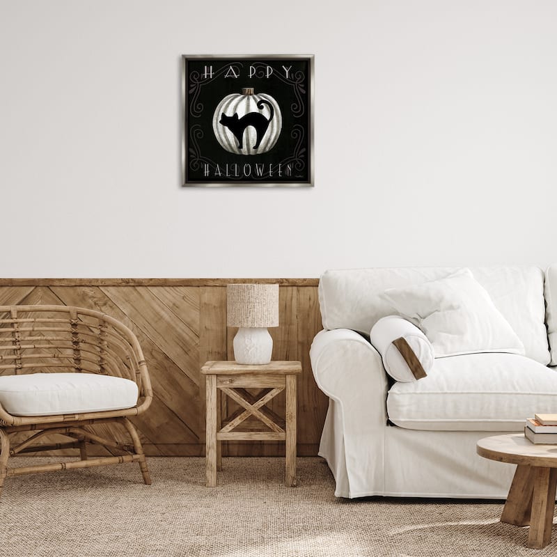Stupell Happy Halloween Cat & Pumpkin Framed Floater Canvas Wall Art Design By Elizabeth Tyndall