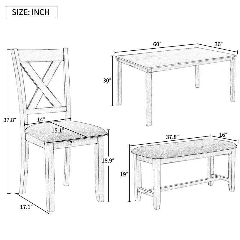Farmhouse-Style Dining Table Set with 4 Chairs and Bench, Solid Wood Frame, Ideal for Kitchen or Dining Room