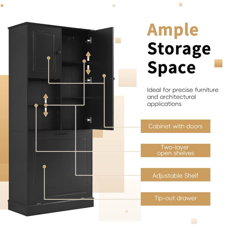 Tall Storage Cabinet with Adjustable Shelves, Flip-Out Basket & Enclosed Doors