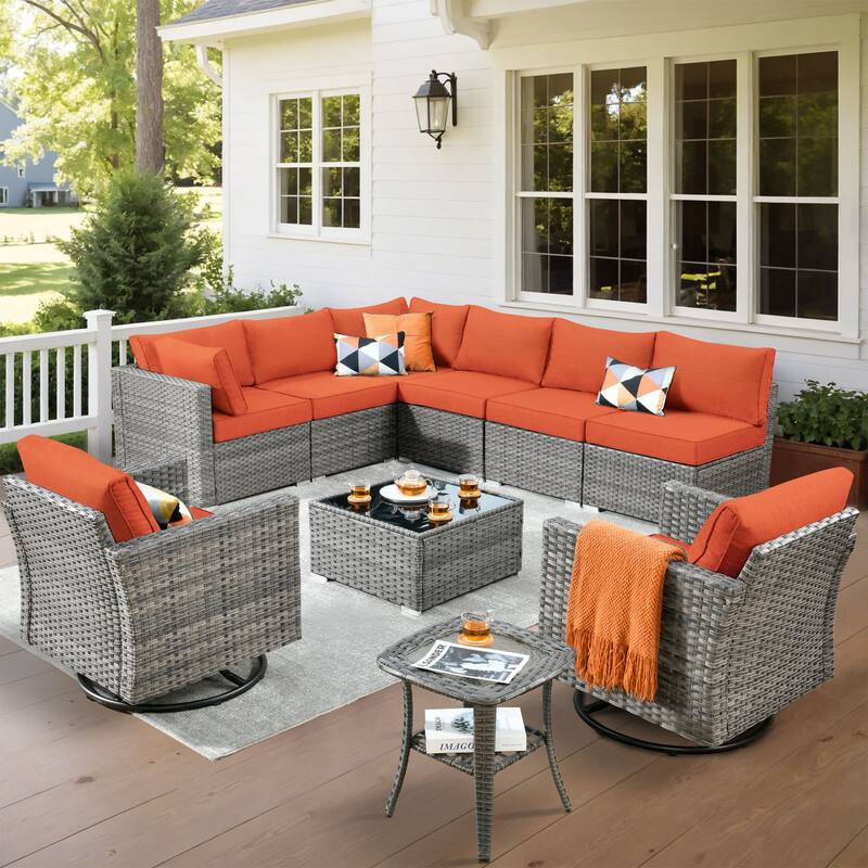 XIZZI 10-piece Outdoor Patio Furniture Swivel Chair Set - Red/Orange