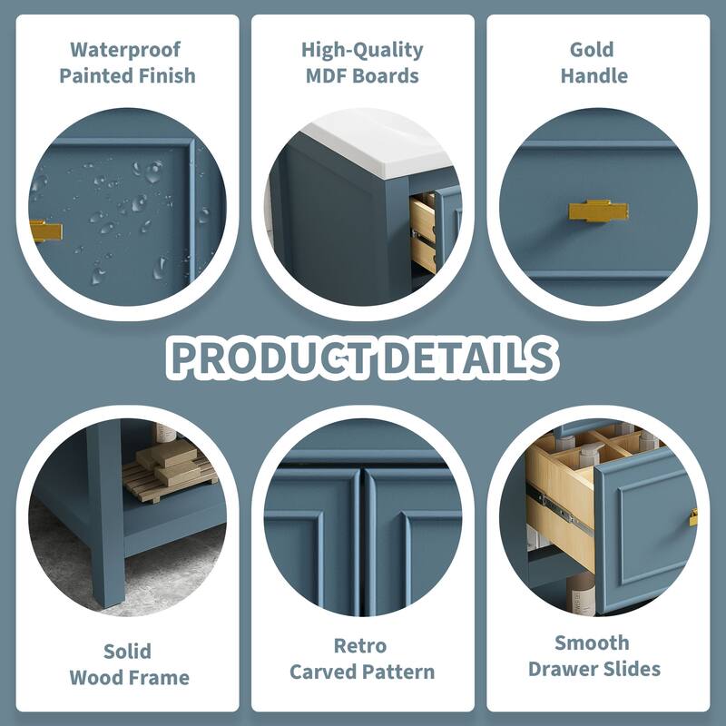 GDFStudio - Brookline Modern Freestanding Bathroom Vanity Set with Ceramic Sink and 5 Storage Drawers - 30'W