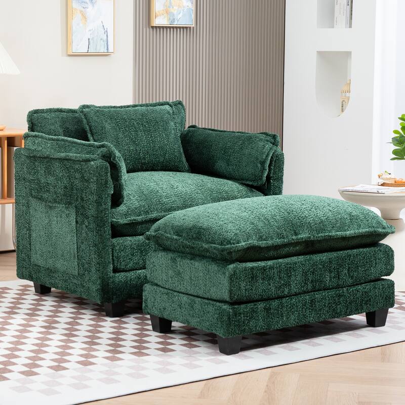 55" Oversized Single Sofa Chaise Lounge with Ottoman, Comfy Reading Chair Upholstered Sleeper Chair with Side Pockets