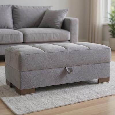 HomeRoots 52" Gray and Brown Microfiber Storage Ottoman
