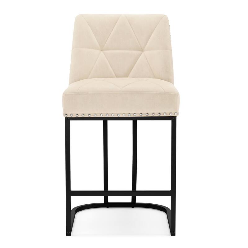 Modern 26.in Armless Barstool Metal Frame Low Back Counter Height Upholstered Bar Stool - Set of 4 - Beige/Faux Leather