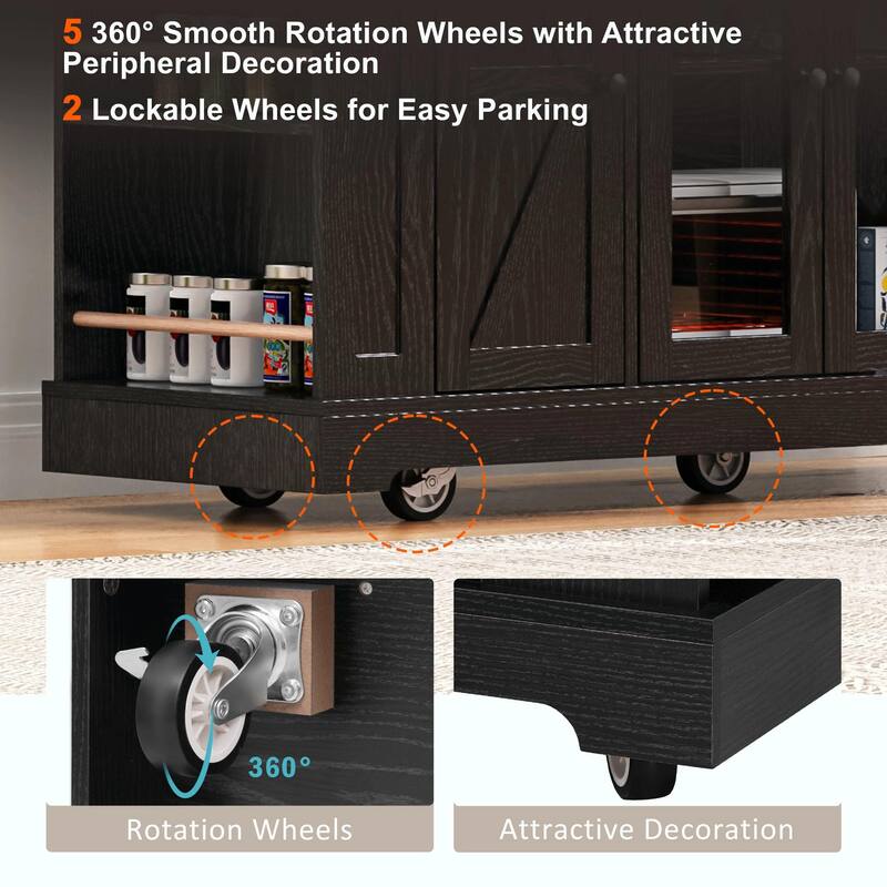 53'' Rolling Farmhouse Kitchen Island - Two Glass Cabinet Doors with Power Outlet