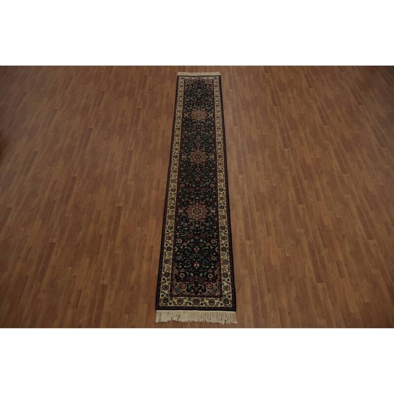 Hand Knotted Oriental 100% Wool Carpet Traditional Floral Navy Blue & Blues Kashan Runner Rug - 13' 10'' X 2' 7''
