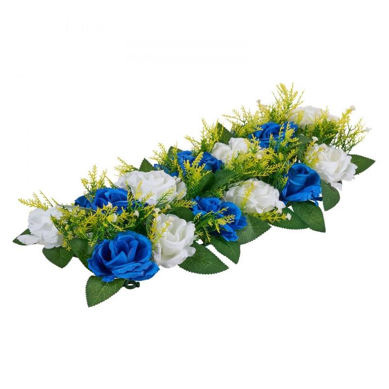 Blue-White Silk Rose Linear Centerpieces Set of 10 with Stable Base - 19.7 x 8.7 x 4.27 inch