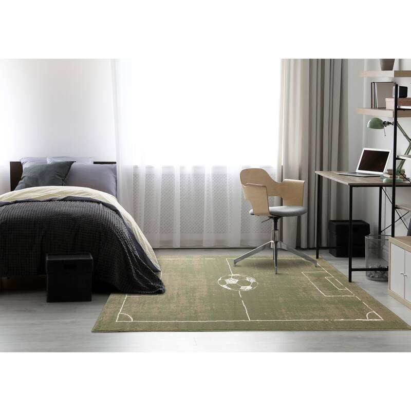 Green Brown Soccer Field Kids Area Rug