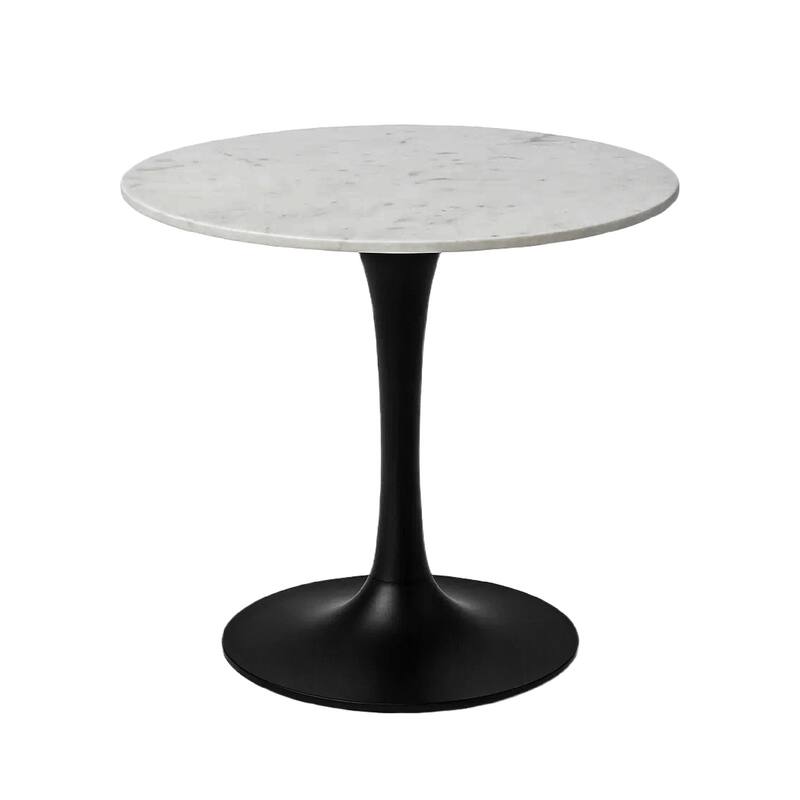 Mara Dining Table, 30 Inch Round White Genuine Marble Top, Black Metal Tulip Pedestal Base - White, Black
